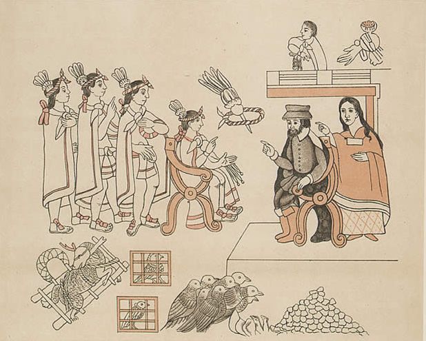 Escena del Lienzo de Tlaxcala con Hernán Cortés y Malintzin como intérprete