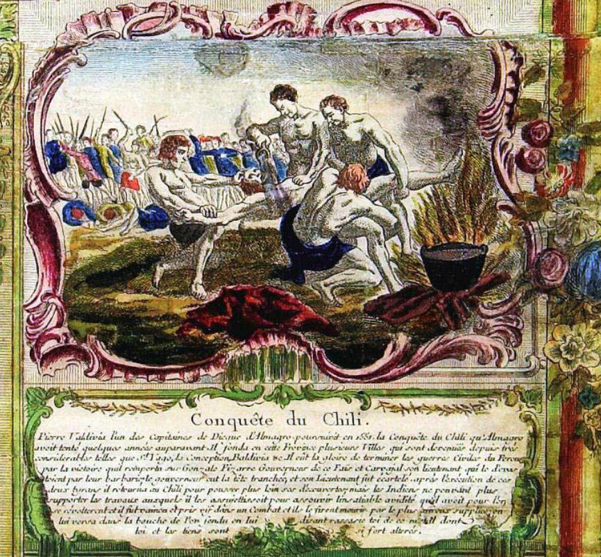 Grabado de 1754 sobre la muerte de Pedro de Valdivia en Tucapel