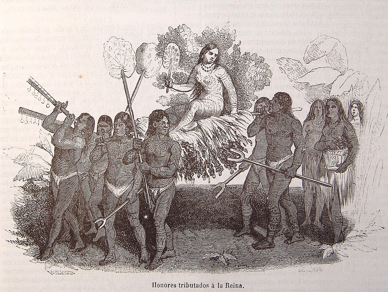 Grabado de 1851 que muestra la recepción de Anacaona a los españoles en Jaragua